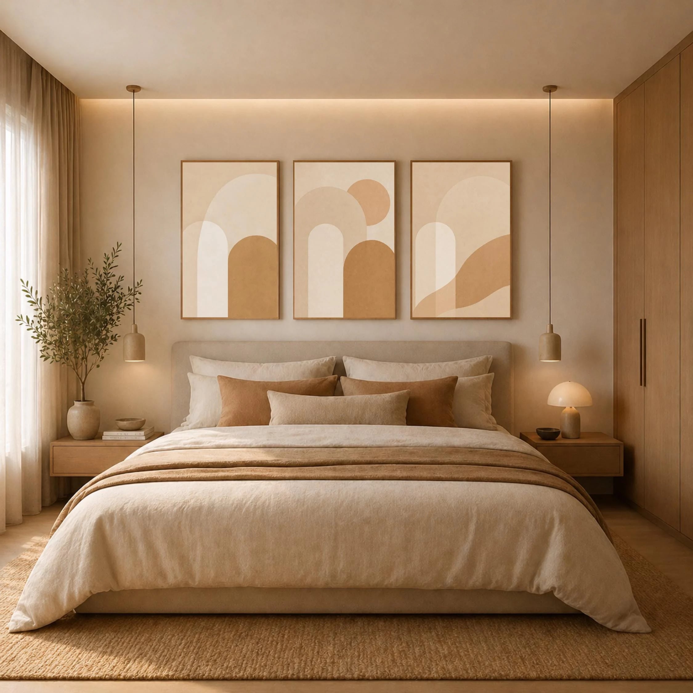 Dormitorio luminoso decorado con el tríptico Arcos de Arena