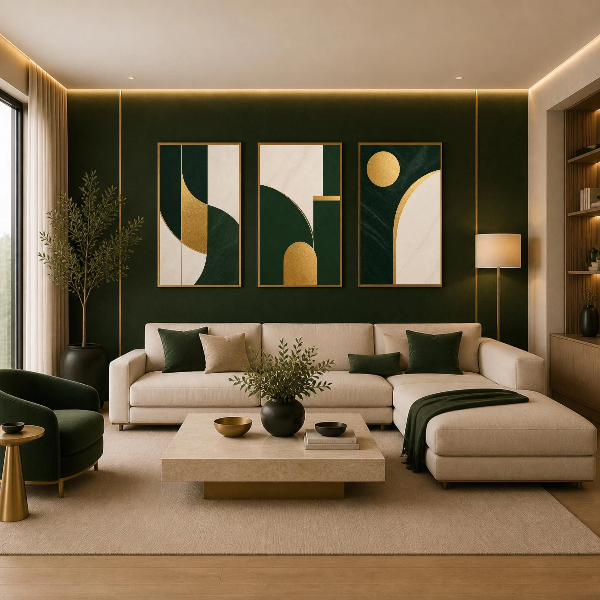 Tríptico geométrico moderno verde y dorado ambientado en un dormitorio